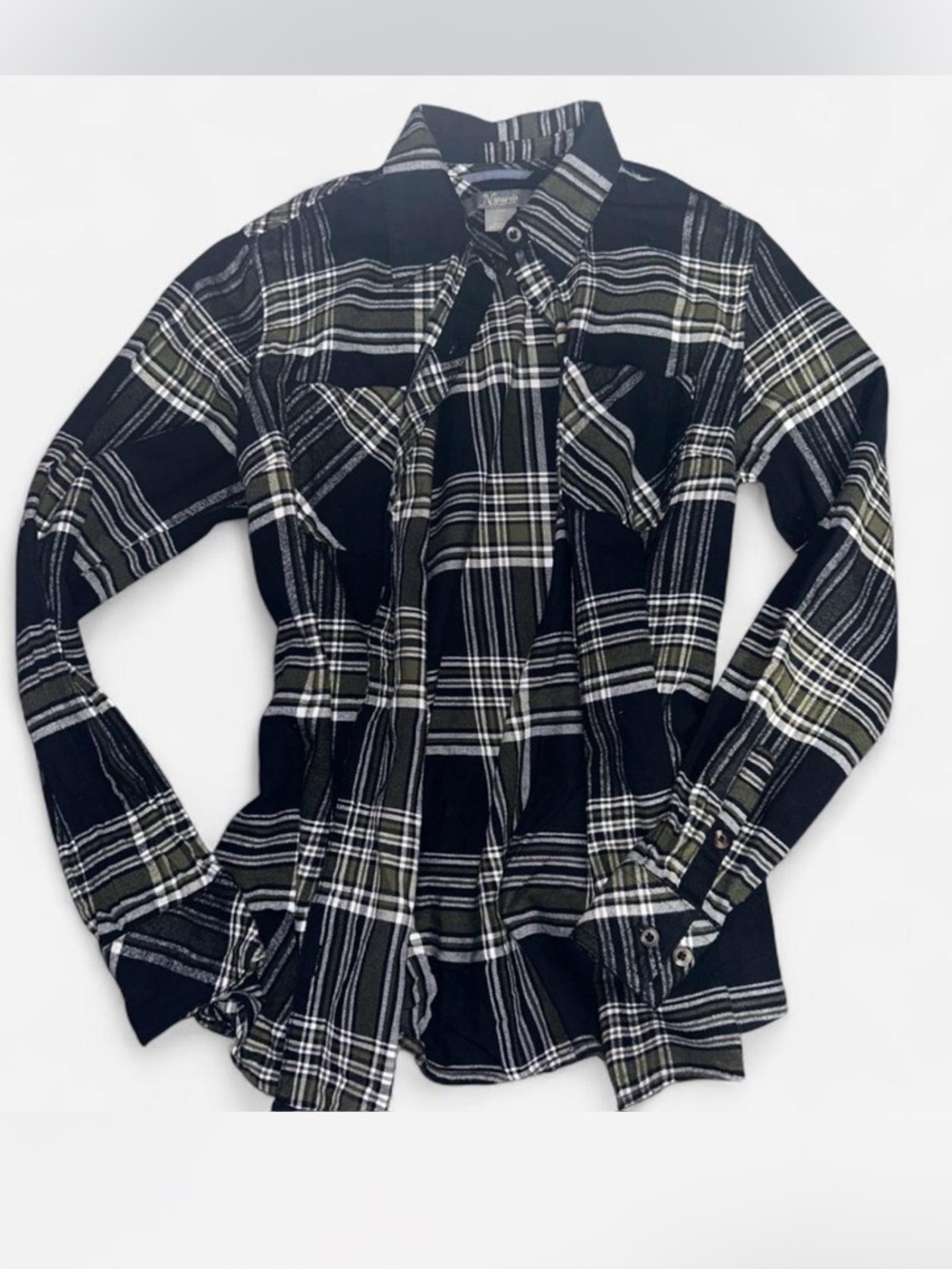 Natural Reflections Black, White & Olive Plaid Shirt